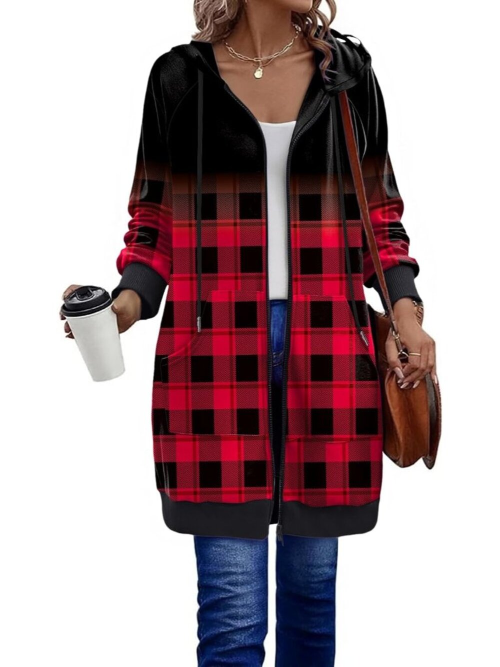 Women's Red Black Grid Print Long Zip Fleece Hoodie Oversized Pocket Jacket